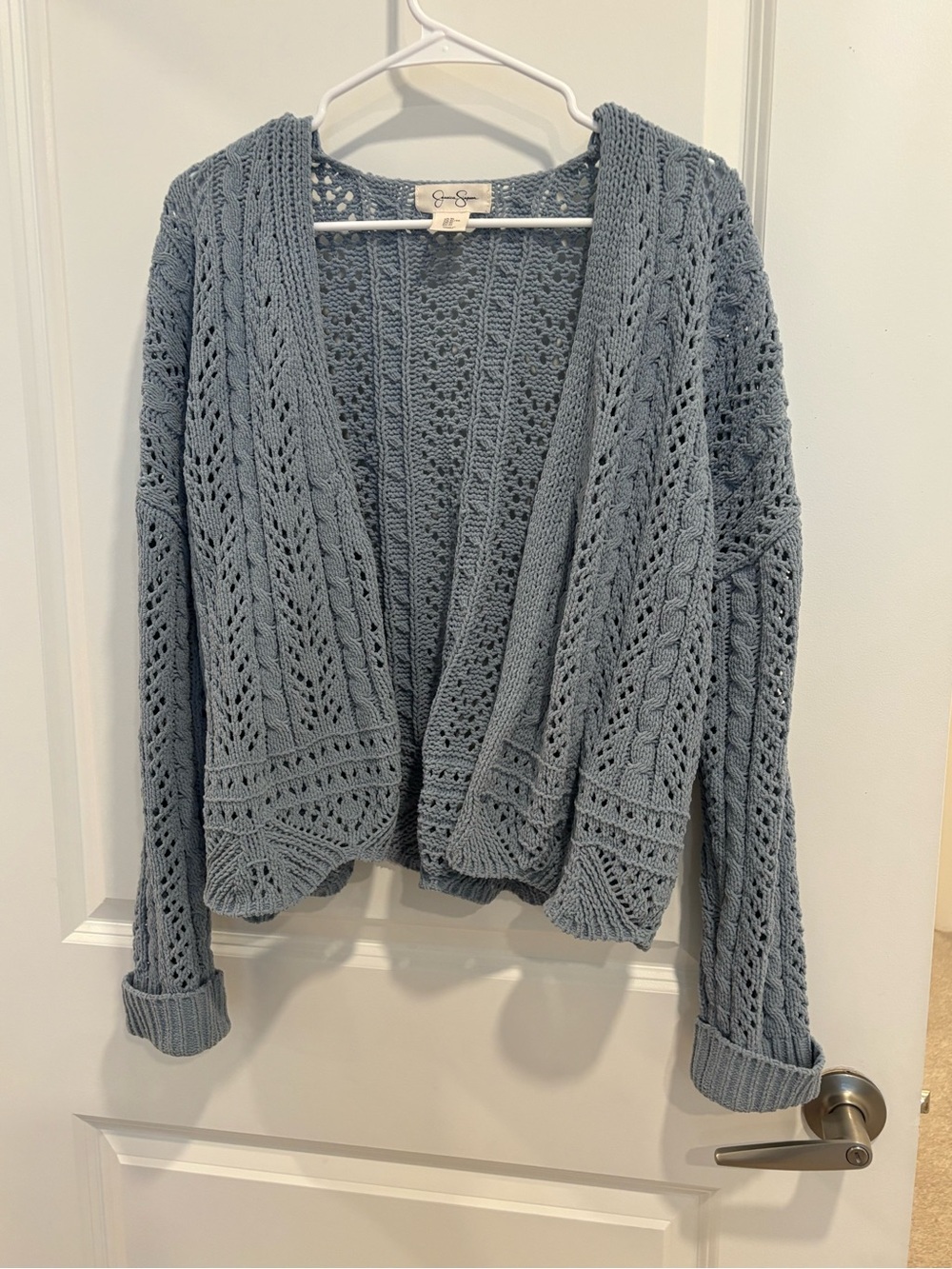 Jessica Simpson Light Blue Crochet Open-Front Cardigan
